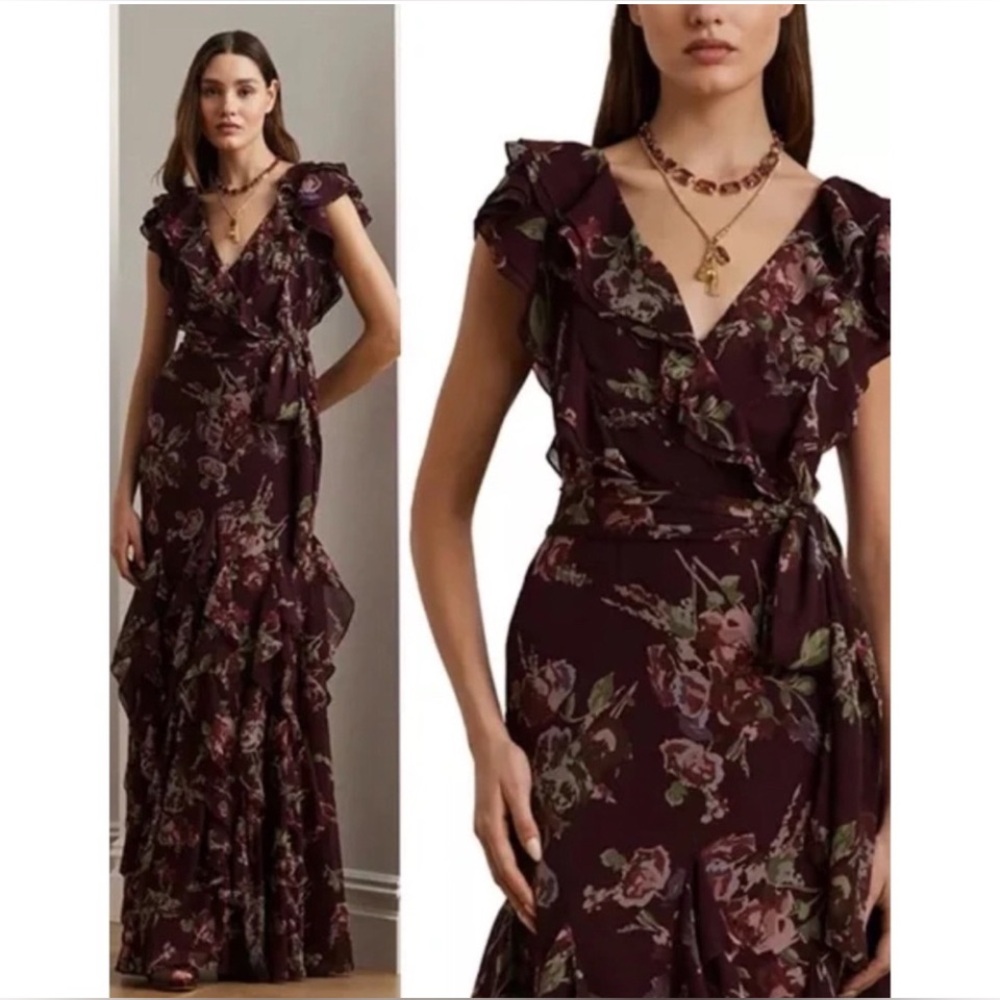 Sz 8 Ralph Lauren Floral Ruffle Trim Georgette Gown Maxi Red Wine NWT $325 Boho